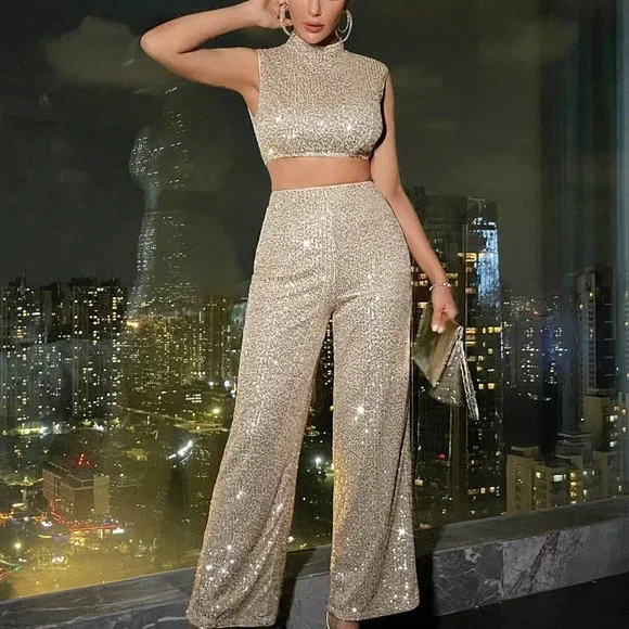 Apricot Party Womens Mock Neck Sequin Crop Top & Wide Leg Pants - Picture 4 of 5
